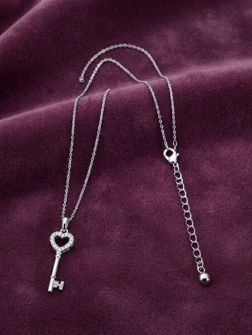 Silver Rhinestone Heart Key Pendant Necklace Y2K Coquette Fairy Core Chic CC